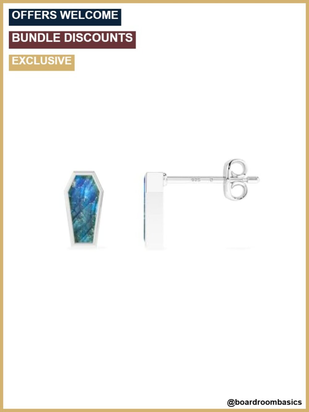 Coffin Shape Labradorite Stud Earrings Sterling Silver Women